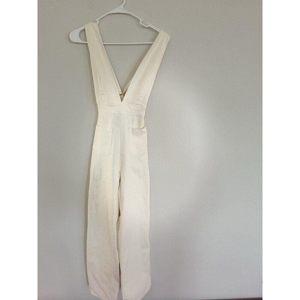 NWT Sincerely Jules Denim V Cut Beige Jumpsuit Cross Back Size S Frenchy